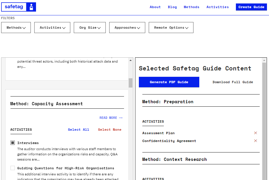 Screenshot of website with blue safetag logo in a box at the top, rectangular buttons that say 'Methods,' 'Activities,' 'Org Size,' 'Approaches,' and 'Remote Options' which display drop down menus for user selection. On the left there is a rectangle that says 'Method: Reconnaisance' with the sub-heading 'automated reconnaissance' selected. On the right there is another rectangle that says 'selected SAFETAG Guide content with a 'download PDF Guide' button in blue.