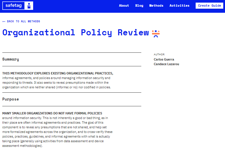 Screenshot of a SAFETAG method page for the 'Organizational Policy Review' with subheadings and descriptions for 'Summary', 'Purpose,' and 'Guiding Questions'
