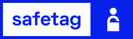 Blue rectangle outline with the word 'safetag' in blue on the left, and a filled in blue square on the right with a white lock and a circle on top inside the square.
