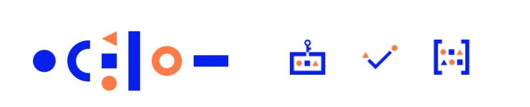 Basic shapes graphic: Graphic shows, from left to right, a blue circle, a blue open semi-circle, an orange triangle, blue square, and orange circle arranged vertically, a vertical blue rectangle, an orange open circle, and a horizontal blue rectangle. Text below the graphic reads 'Basic shapes are configured to represent methods and activities such as Physical Assessment, Responsive Support, and Organizational Device Usage. Physical Assessment Icon: Blue rectangle with a small graphic of a person on top, with an orange circle, a blue square, and an orange triangle arranged horizontally inside the rectangle. Text reads Physical Assessment Icon. Responsive Support Icon: Blue checkmark with an orange triangle at the top of the shorter end, and an orange circle at the top of the longer end on the right. Text reads Responsive Support Icon. Organizational Device Usage Icon: Blue brackets with an orange circle, blue square, orange triangle, blue triangle, orange circle, and blue square arranged in two lines inside of the brackets. Text reads Organizational Device Usage Icon.